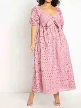 Eloquii eyelet tie-front maxi dress Foxglove mauve pink cotton cottagecore
